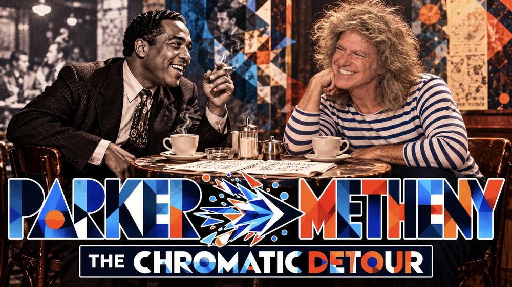 Parker meets Metheny — Charlie Parker and Pat Metheny sharing a coffee. BIRD CALLS: The Chromatic Detour
